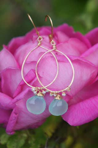 Chalcedony and Pearl Hammered Hoops